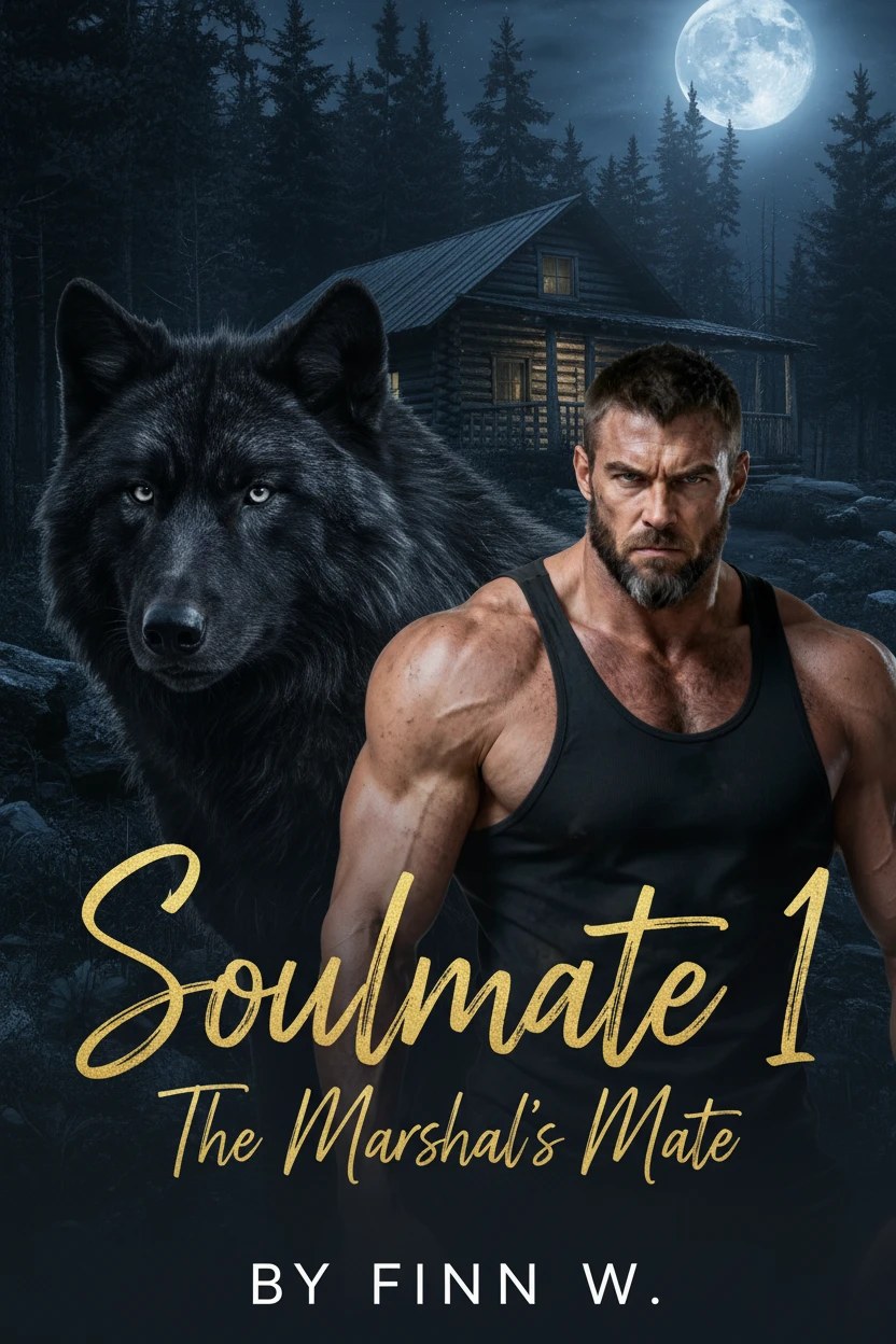 The Marshal's Mate book cover — a dark werewolf and a muscular man stand before a Minnesota cabin under a full moon