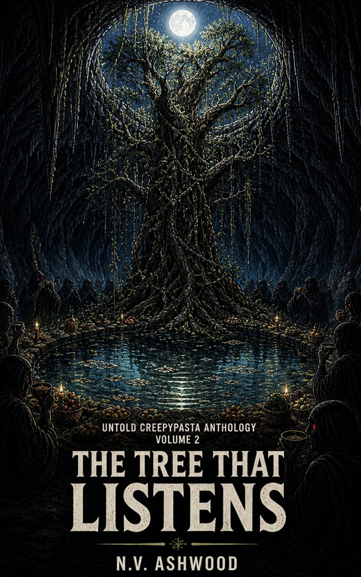 The Tree That Listens book cover — a massive dark tree with hanging roots rises inside a cave above a still pool, surrounded by kneeling hooded figures with glowing red eyes, candles, and offerings under moonlight